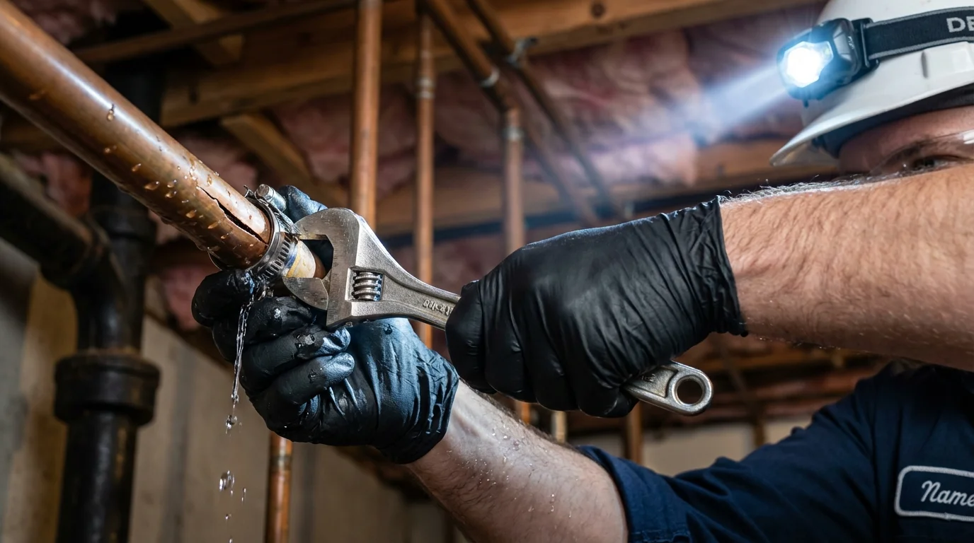 Emergency pipe clamp repair being performed by a Johns Plumbing LLC plumber in Calera