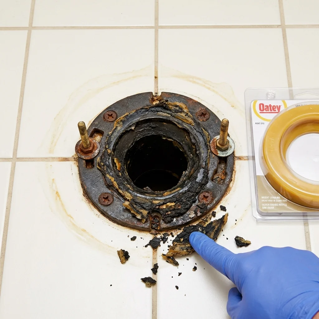 Failed wax ring showing water seepage at the base of a toilet in a Calera, OK home