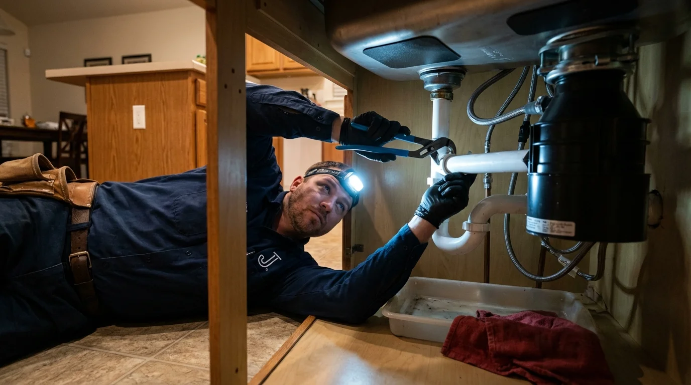 P-trap and supply line connections under a kitchen sink showing a common leak point in Calera, OK